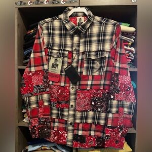 Indigo Soul Men's Red and Black Plaid Patchwork Shirt